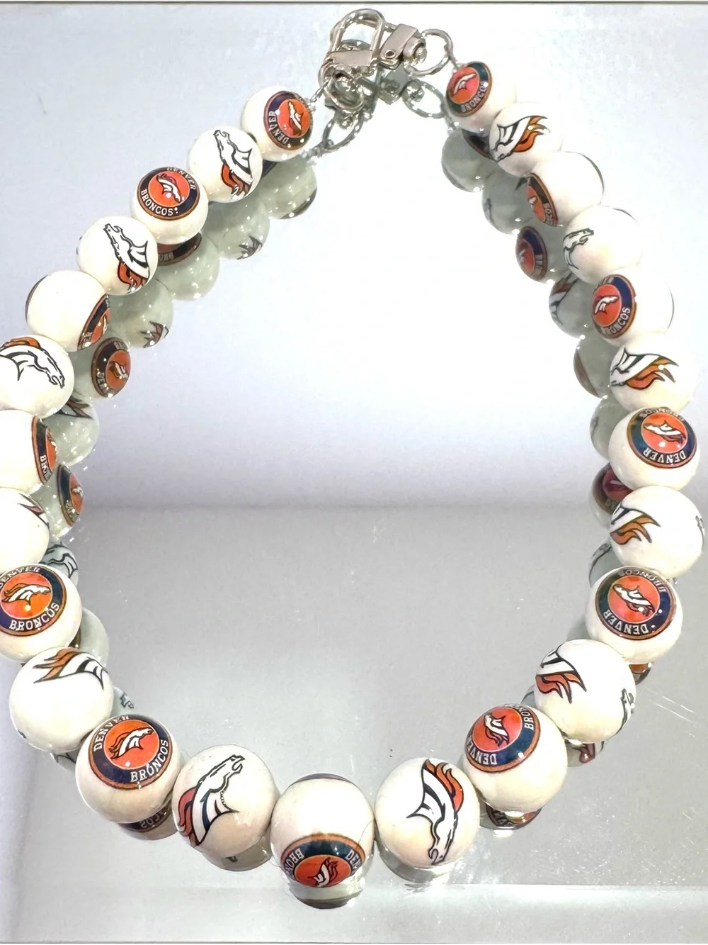 New Denver Broncos White Beaded Bag Chain 18 inches  with Logo Accents